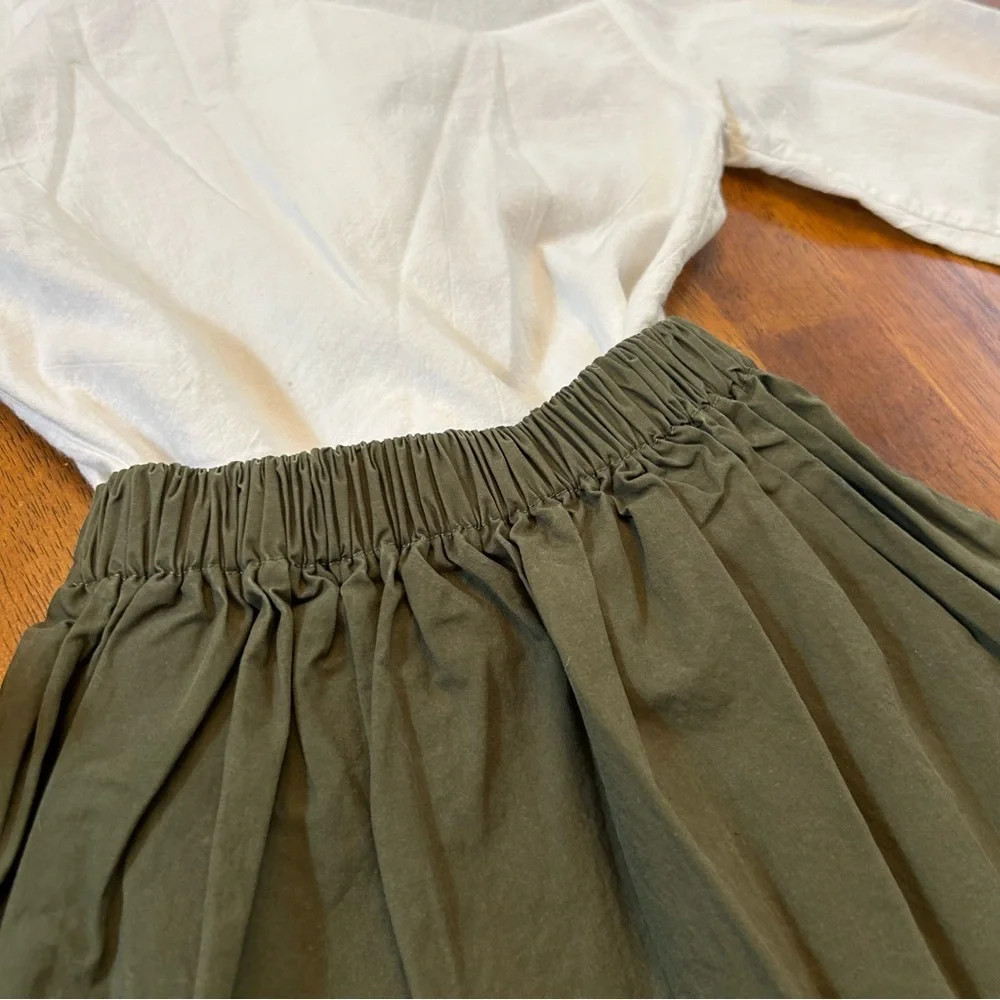 Olive Green Button Skirt & White Ruffle Top Outfit | Girls Size 80(12-18 Months)